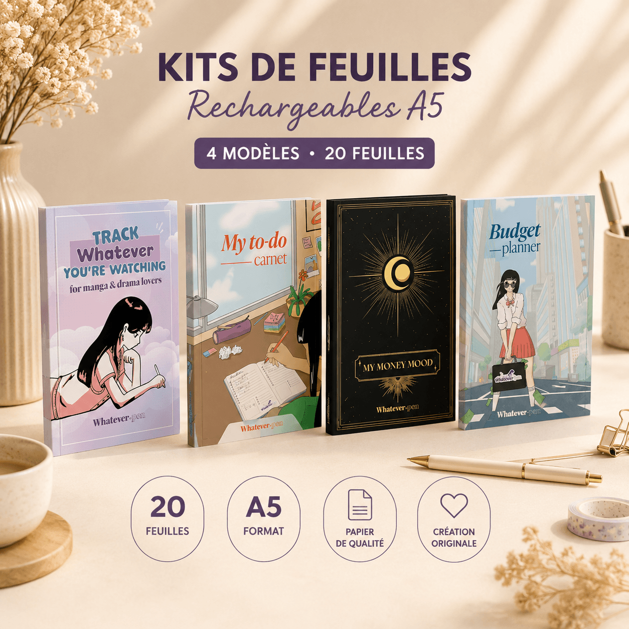 Kit de feuilles rechargeables — prolonge ton carnet préféré, sans tout racheter. 💜